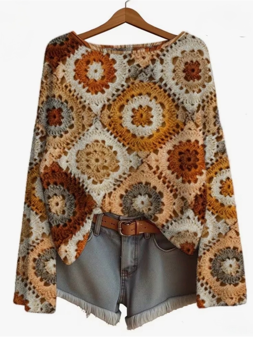 🍩Boho Crochet Patchwork Sweater - Cream & Brown Floral Motif